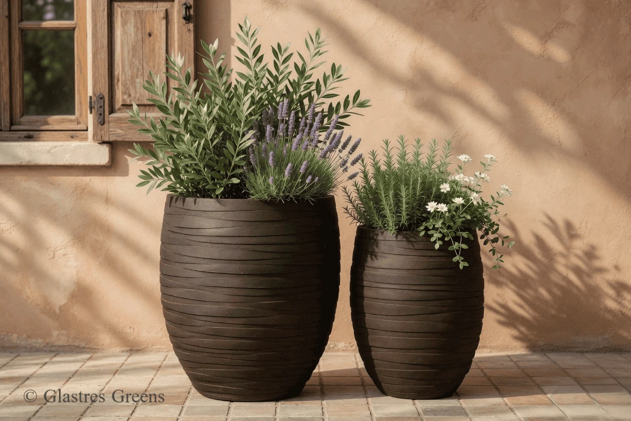 Architectural stone-finish FRP planter featuring a classic silhouette, perfect for decorating heritage landscapes, luxury resorts, and villas.