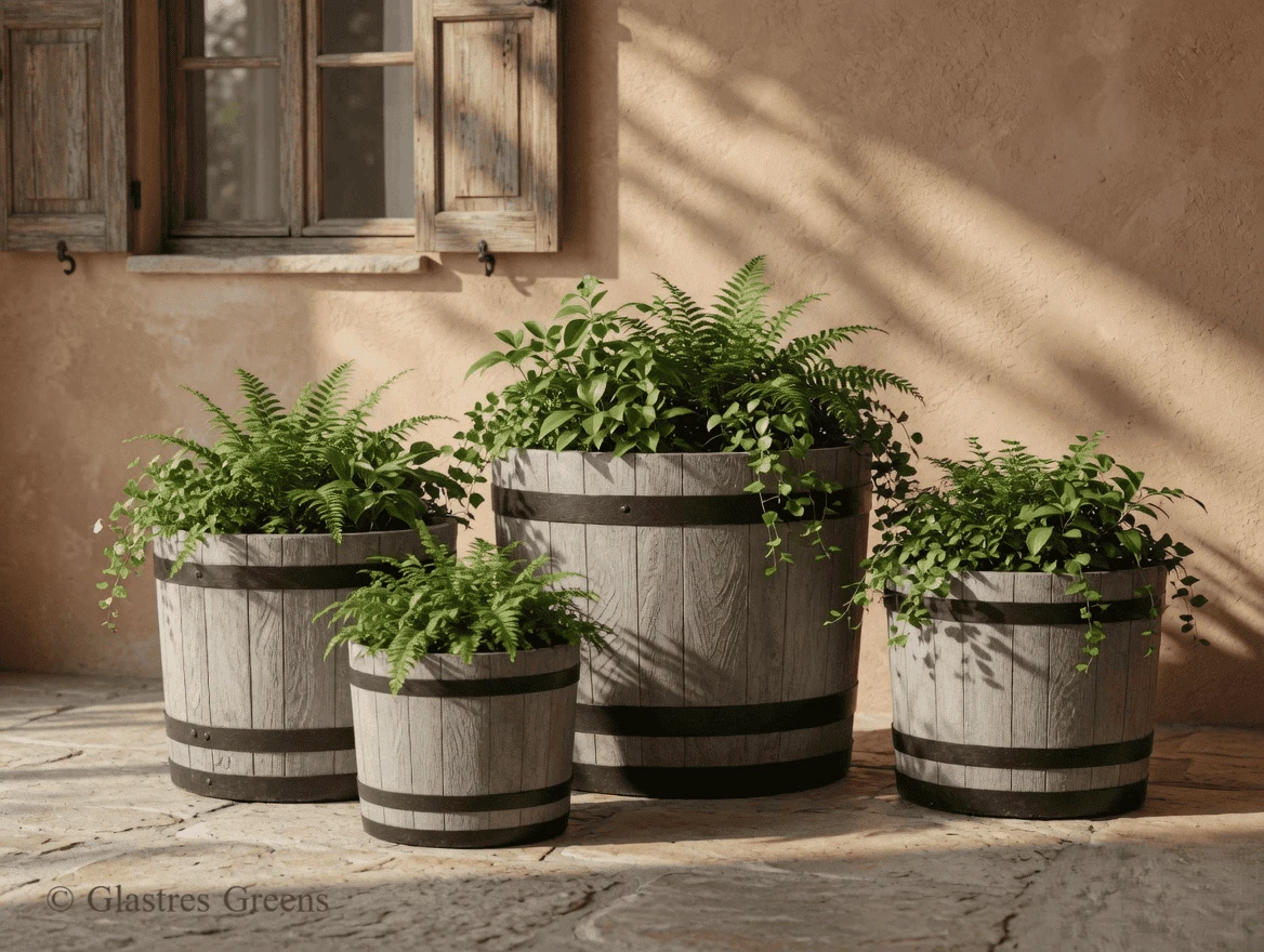 Realistic wood grain texture fiberglass planter, offering the aesthetic warmth of natural timber with the waterproof, rot-proof performance of premium FRP.