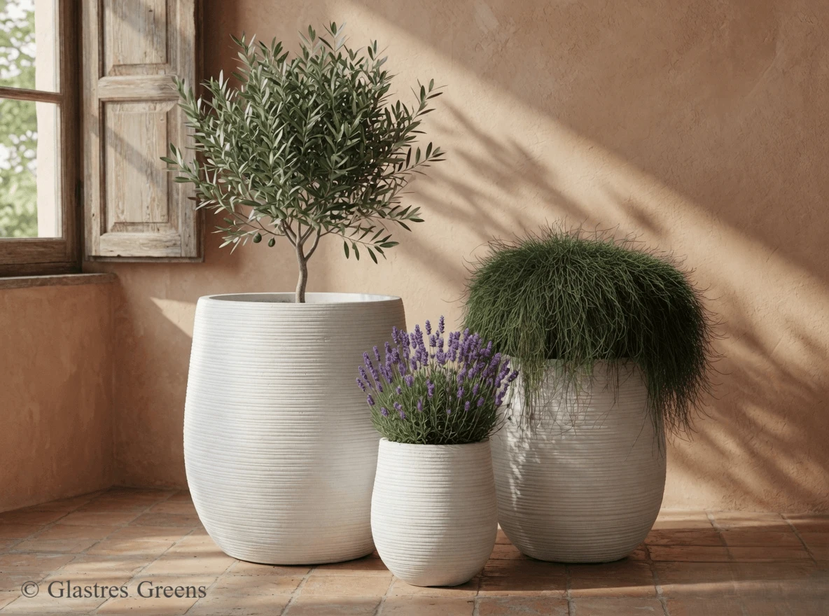 Striking tall ribbed cylindrical outdoor planter, providing a vertical architectural focal point for luxury estate gardens and tropical resort pathways.