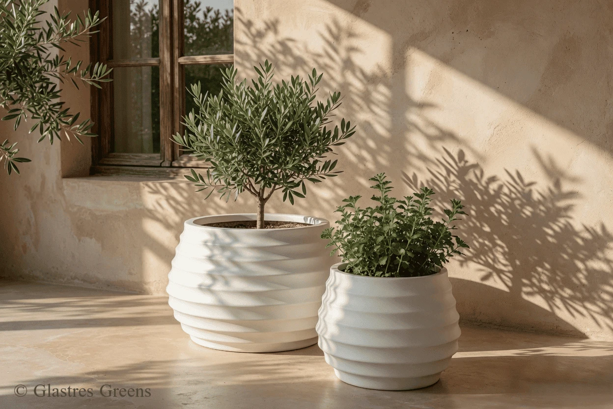 Ring textured round FRP planter enriched with sophisticated surface detailing, providing a tactile experience for luxury indoor and outdoor settings.