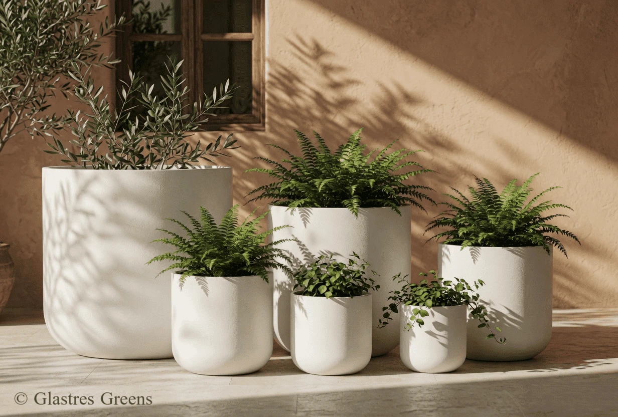 Extra-large Rose Mallow fiberglass planter, built to accommodate monumental trees in luxury resorts, villas, and large-scale landscape architecture.