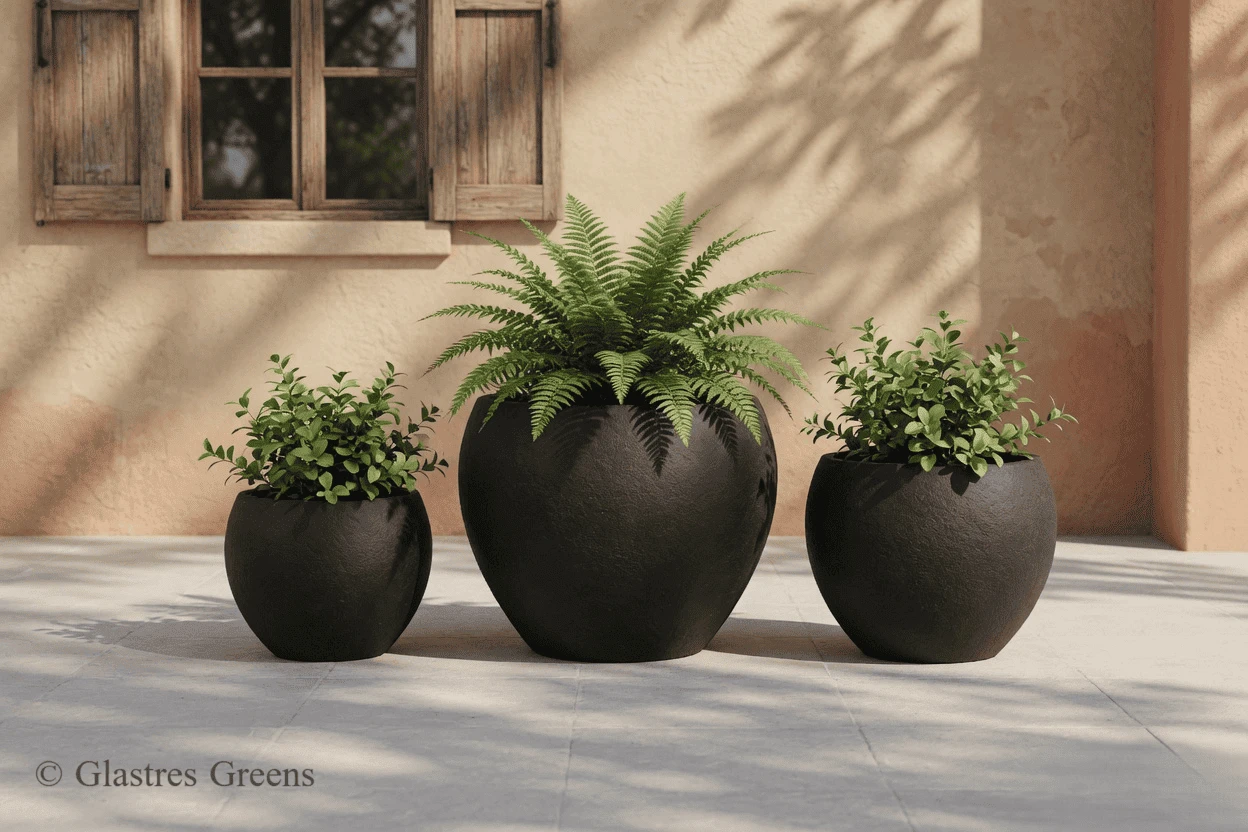 Rough hewn stone trough fiberglass planter engineered for large-scale commercial privacy barriers and robust architectural landscape projects.