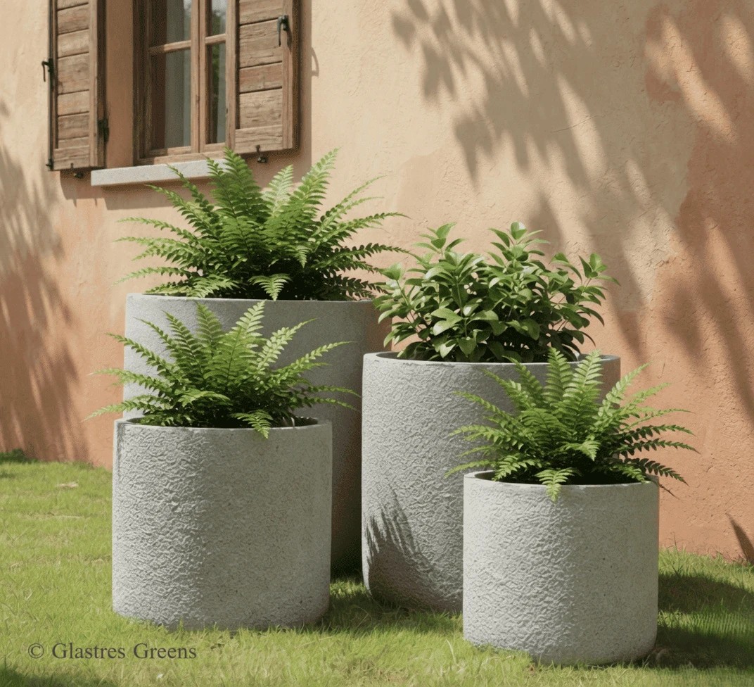 Rough slate finish FRP commercial planter box, creating a dark contemporary aesthetic for hotel driveways, public plazas, and modern luxury homes.
