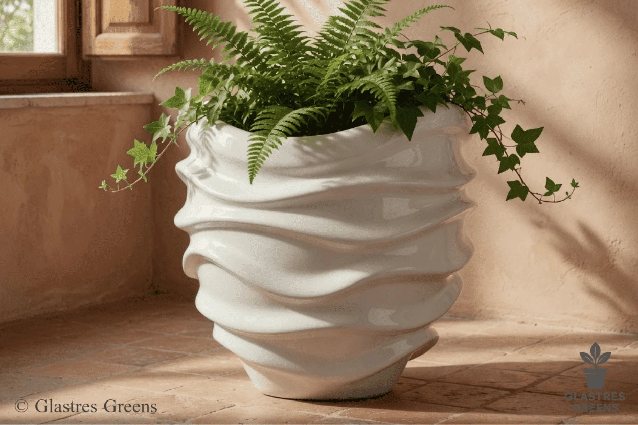 Round wave geometric FRP planter displaying a flowing, continuous circular design that enhances contemporary luxury gardens and modern patios.