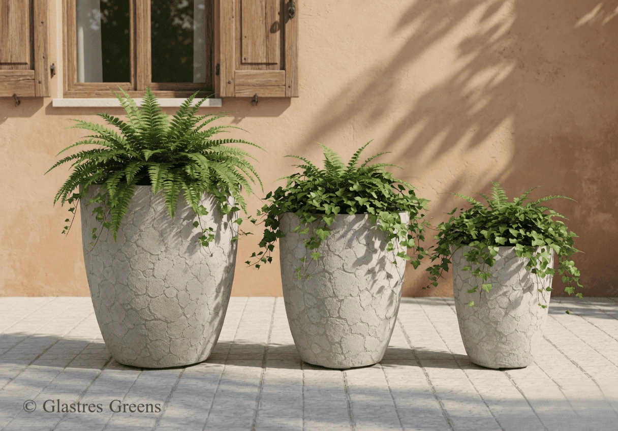 Terracotta-look hybrid fiberglass balcony planter, blending the warmth of traditional clay with modern, weather-resistant composite materials.