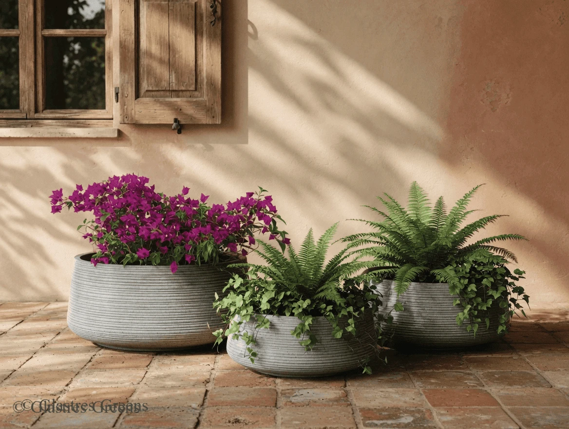 Upscale residential stone-finish FRP planter, designed to transform home patios, villa gardens, and exterior landscapes with natural-looking forms.