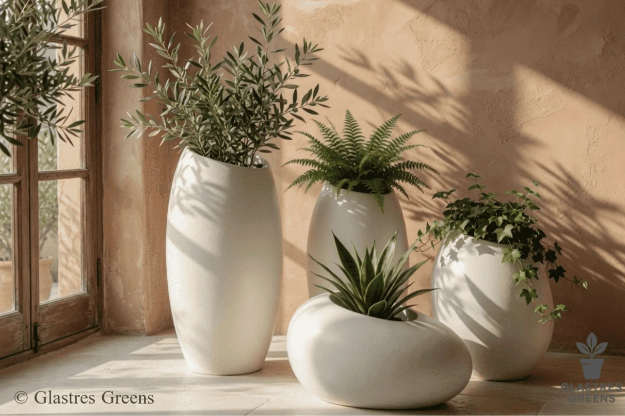 Verdant vertical tall FRP planter, ideal for maximizing greenery in tight spaces and creating striking green walls in commercial building projects.