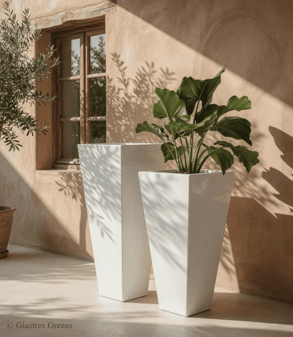 Virgo slim tall fiberglass planter utilizing graceful vertical lines to save space while adding monumental luxury to modern residential projects.