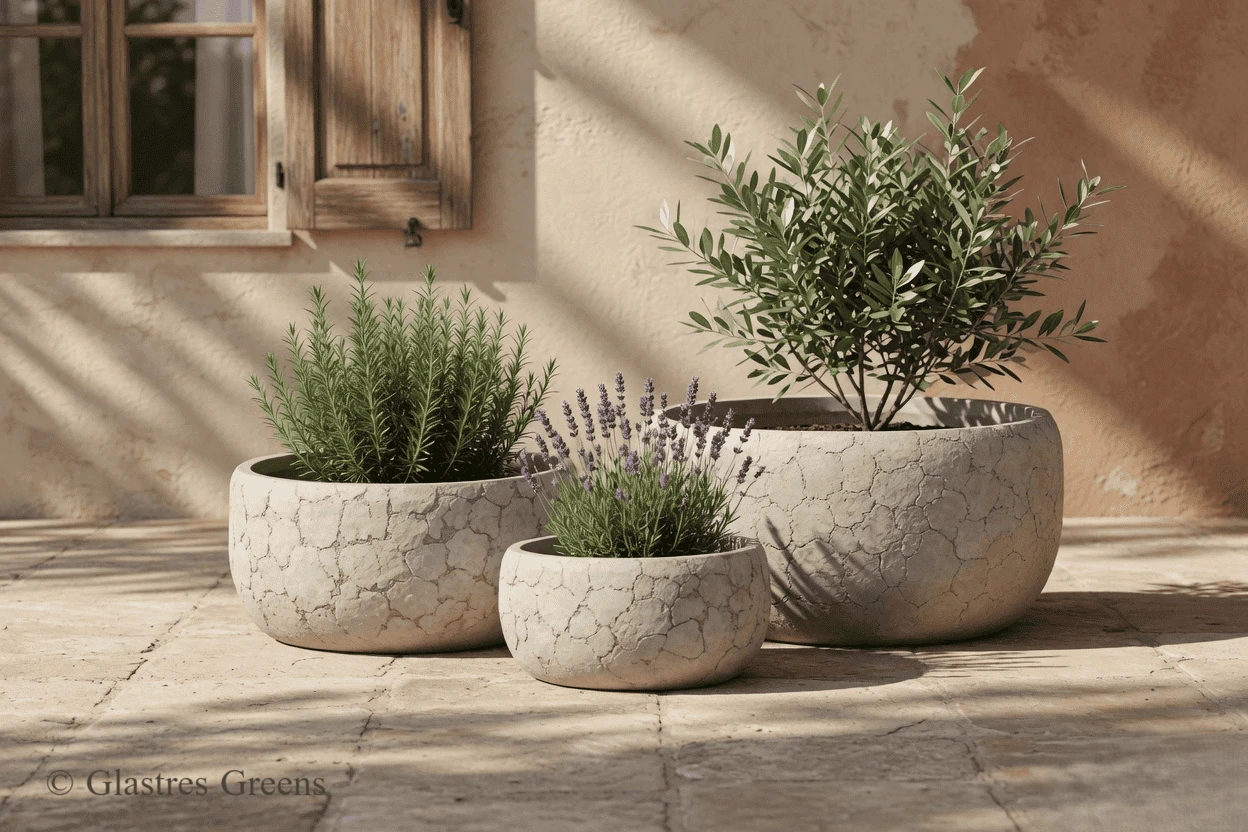 Rustic weathered rock texture fiberglass planter, providing an aged aesthetic for premium landscape design while remaining lightweight and durable.