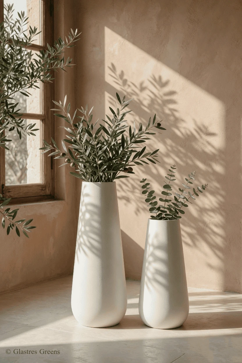 Sleek geometric designer FRP planters integrating seamlessly with contemporary architecture and glass facades