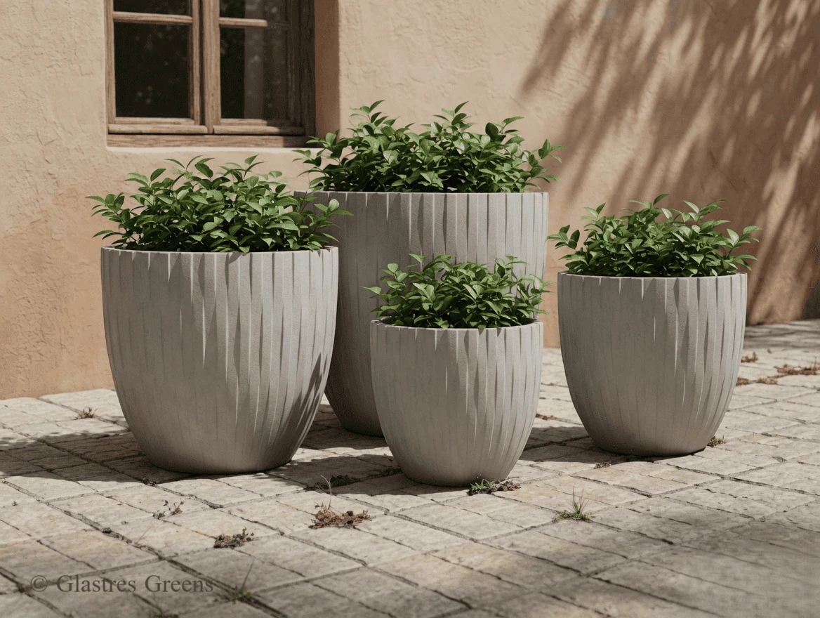 Architectural planters integrating diverse plant species in a commercial landscape