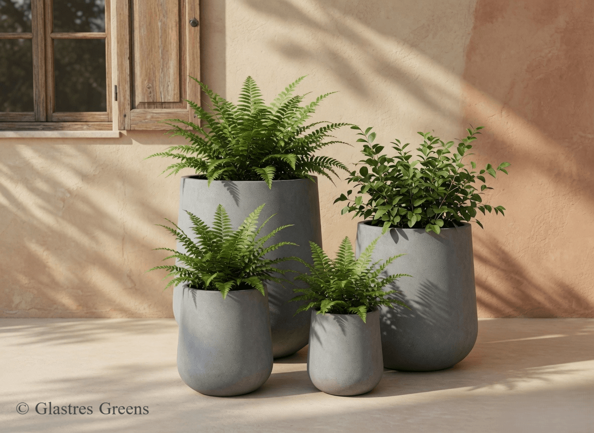 Premium handcrafted FRP planters by Glastres Greens in a luxury modern Indian villa courtyard with lush tropical planting - architectural elegance meets durability